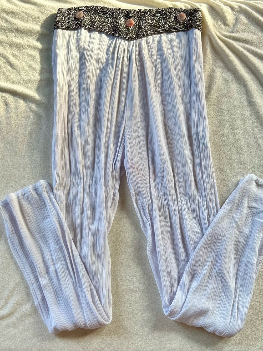 MAM ZEE White Boho Beaded Belt Detail Gauze Pant
